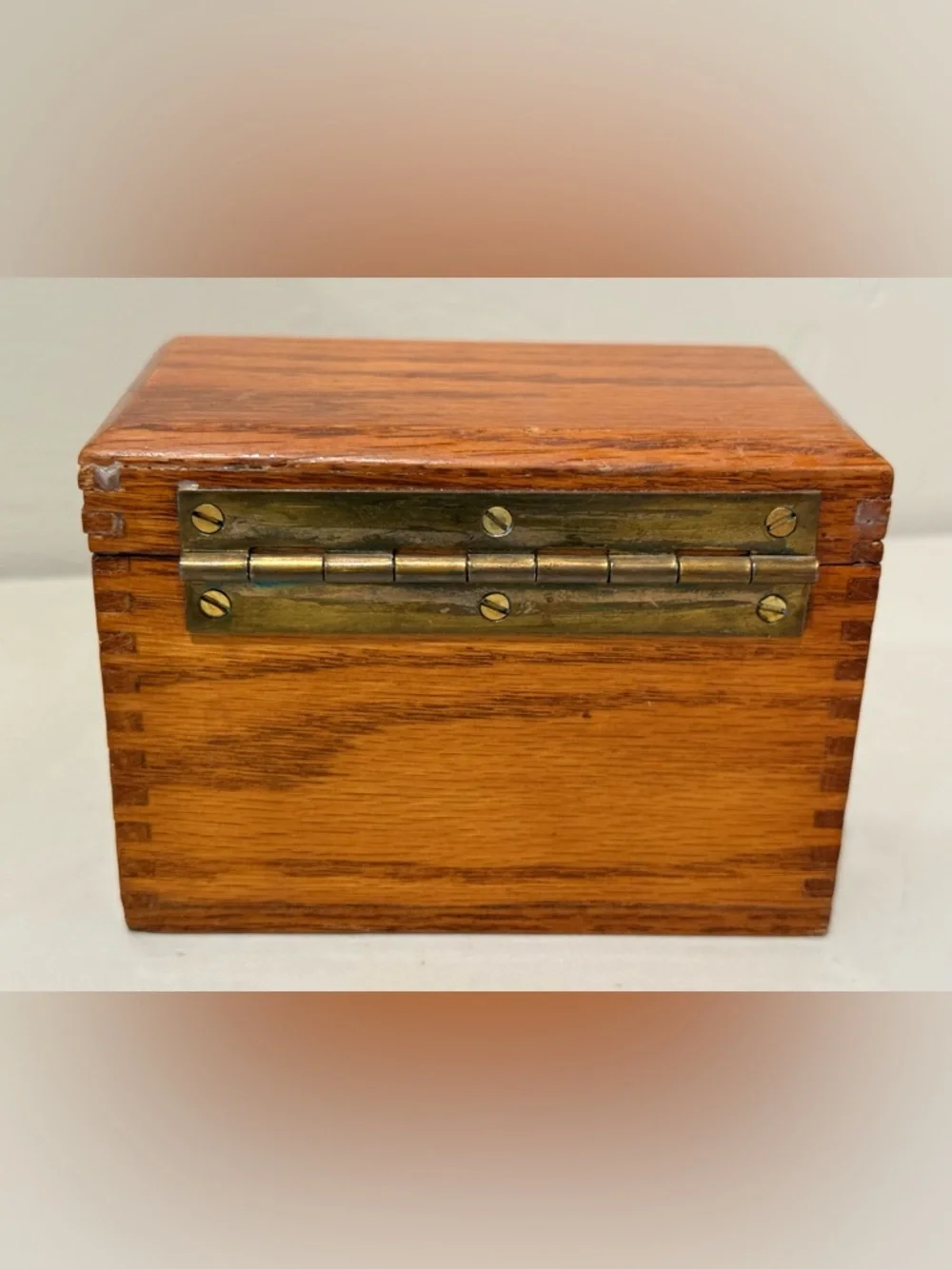 Vintage‎ Lacquered Oak Dovetailed Index Card File Box Recipe Wood Brass Hinges